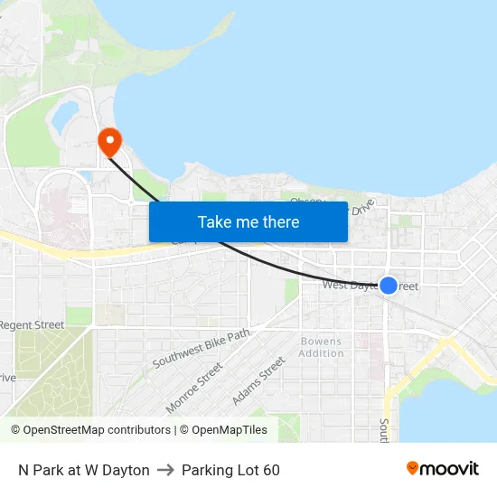 N Park at W Dayton to Parking Lot 60 map