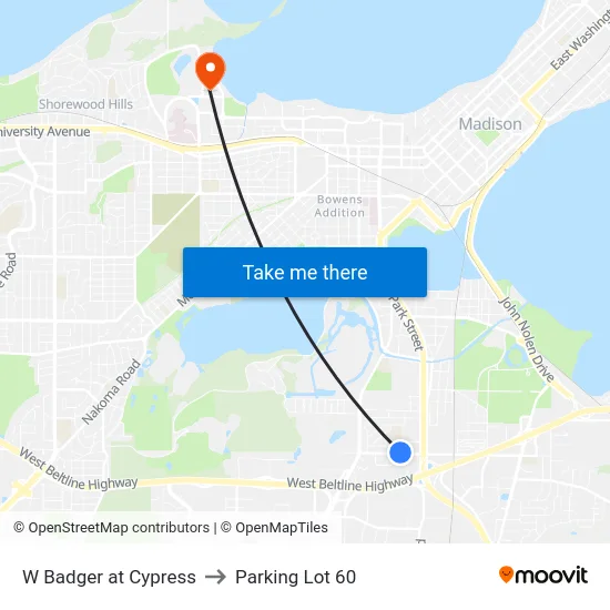 W Badger at Cypress to Parking Lot 60 map