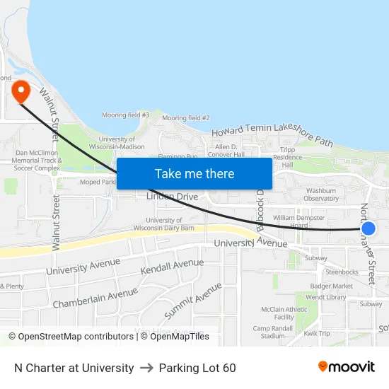 N Charter at University to Parking Lot 60 map