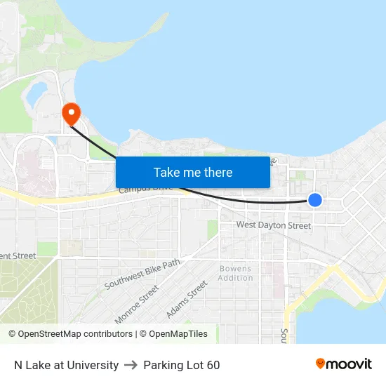 N Lake at University to Parking Lot 60 map