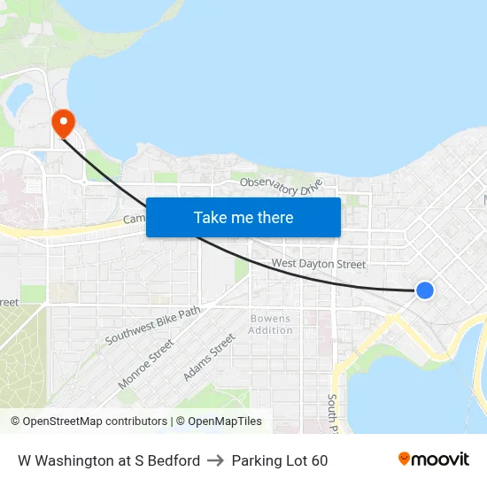 W Washington at S Bedford to Parking Lot 60 map