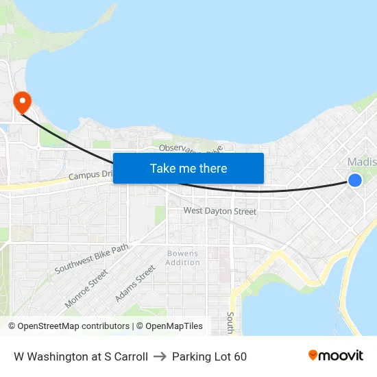 W Washington at S Carroll to Parking Lot 60 map