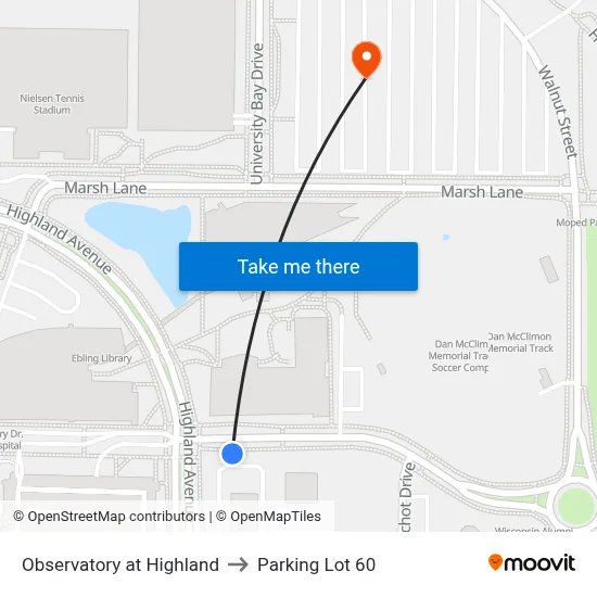 Observatory at Highland to Parking Lot 60 map