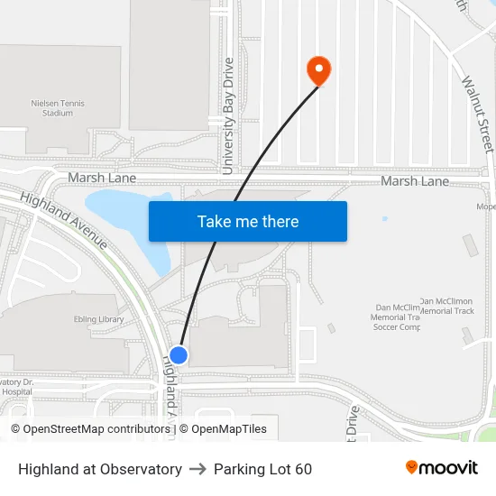 Highland at Observatory to Parking Lot 60 map