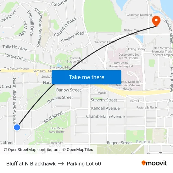 Bluff at N Blackhawk to Parking Lot 60 map