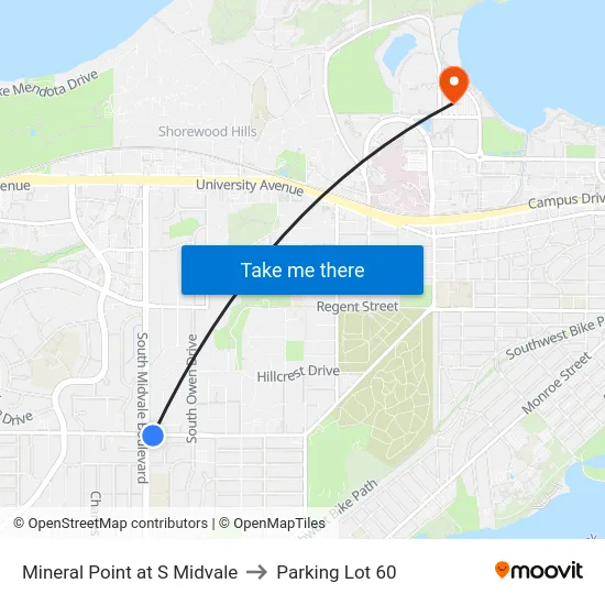 Mineral Point at S Midvale to Parking Lot 60 map