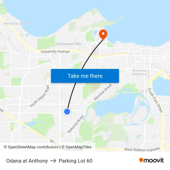 Odana at Anthony to Parking Lot 60 map