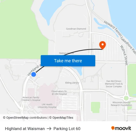Highland at Waisman to Parking Lot 60 map
