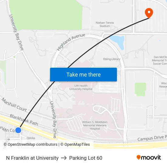 N Franklin at University to Parking Lot 60 map