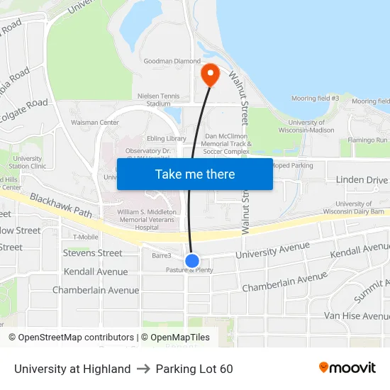 University at Highland to Parking Lot 60 map