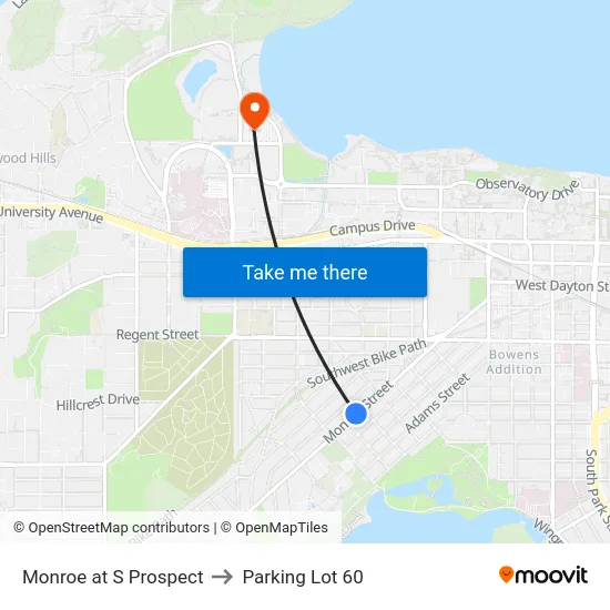 Monroe at S Prospect to Parking Lot 60 map
