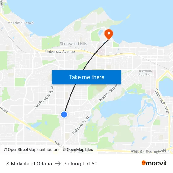 S Midvale at Odana to Parking Lot 60 map
