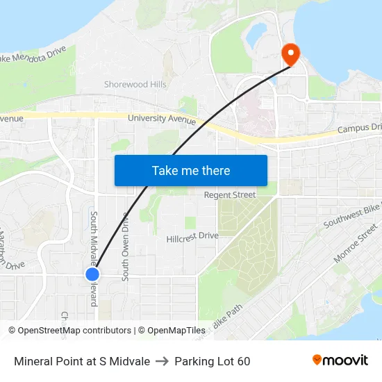 Mineral Point at S Midvale to Parking Lot 60 map