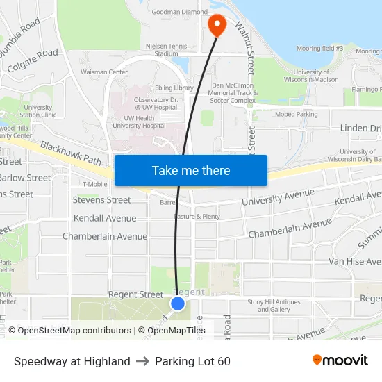 Speedway at Highland to Parking Lot 60 map