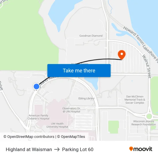 Highland at Waisman to Parking Lot 60 map