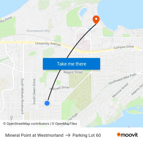 Mineral Point at Westmorland to Parking Lot 60 map