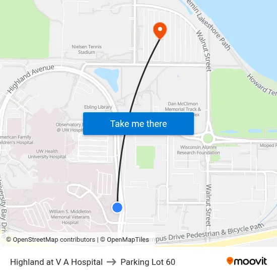 Highland at V A Hospital to Parking Lot 60 map