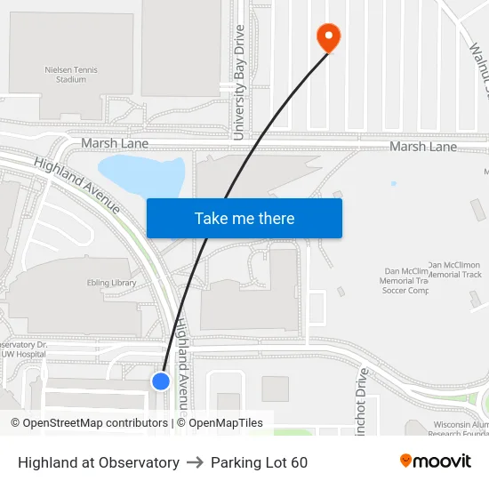 Highland at Observatory to Parking Lot 60 map