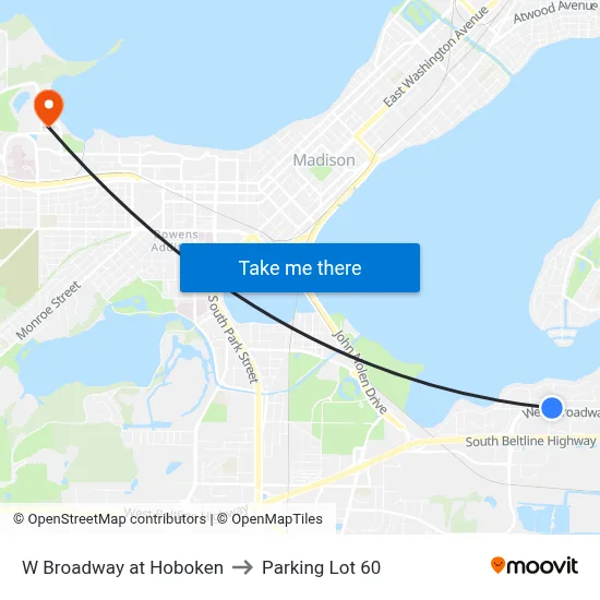 W Broadway at Hoboken to Parking Lot 60 map