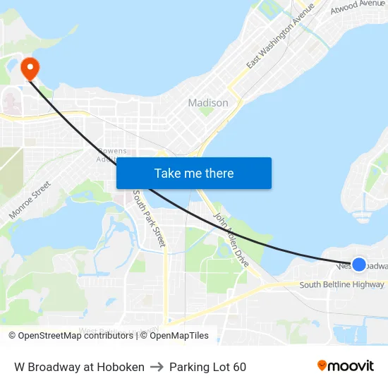 W Broadway at Hoboken to Parking Lot 60 map