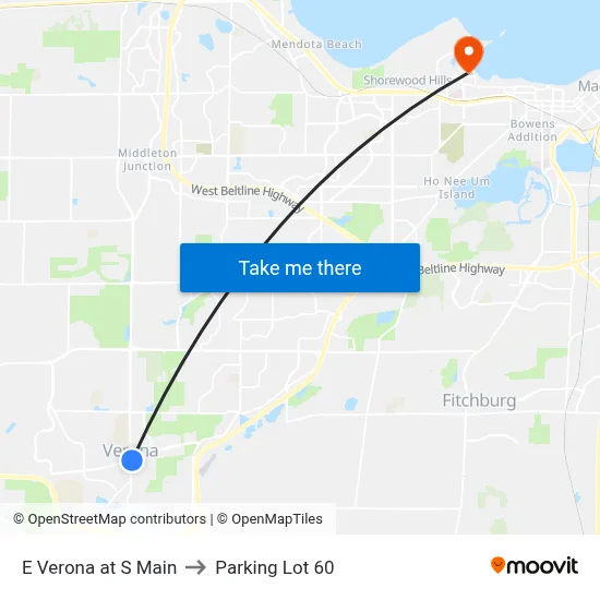 E Verona at S Main to Parking Lot 60 map