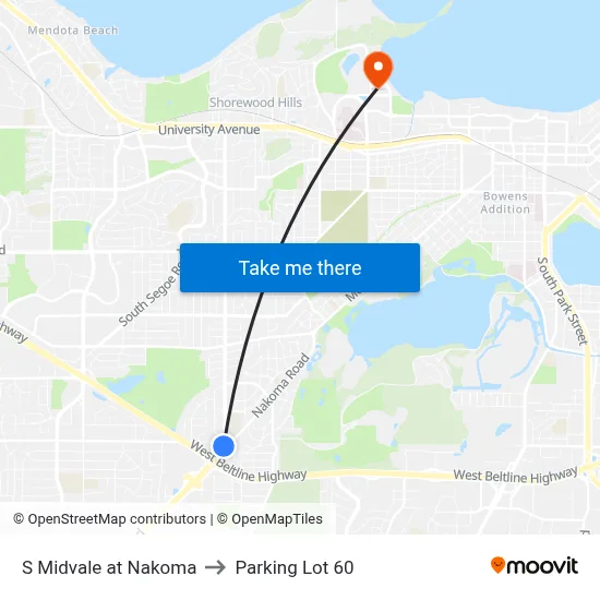S Midvale at Nakoma to Parking Lot 60 map