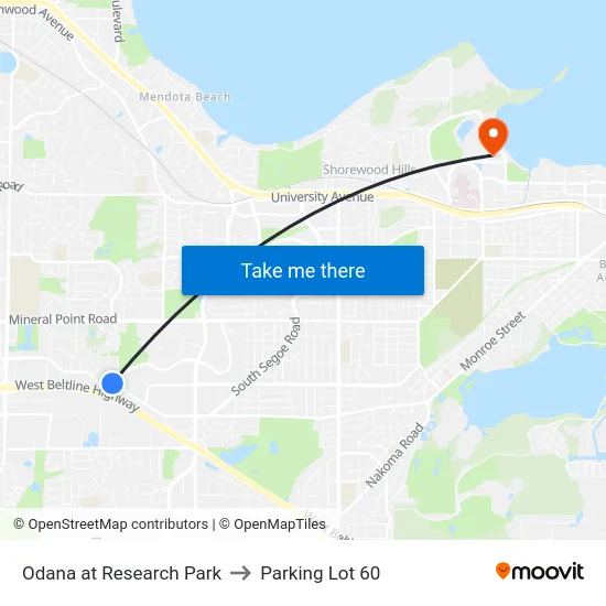 Odana at Research Park to Parking Lot 60 map