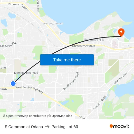 S Gammon at Odana to Parking Lot 60 map