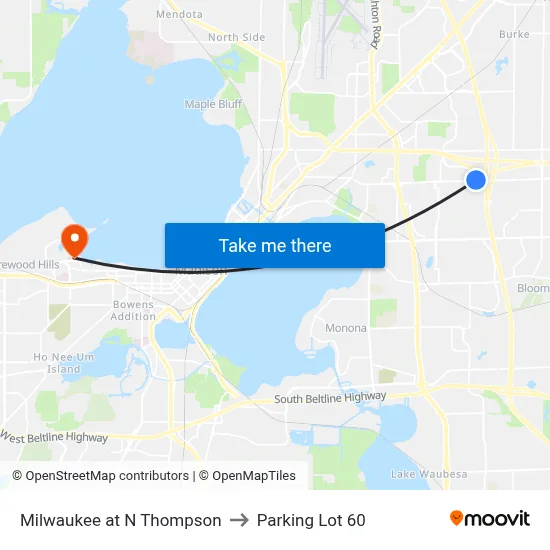 Milwaukee at N Thompson to Parking Lot 60 map