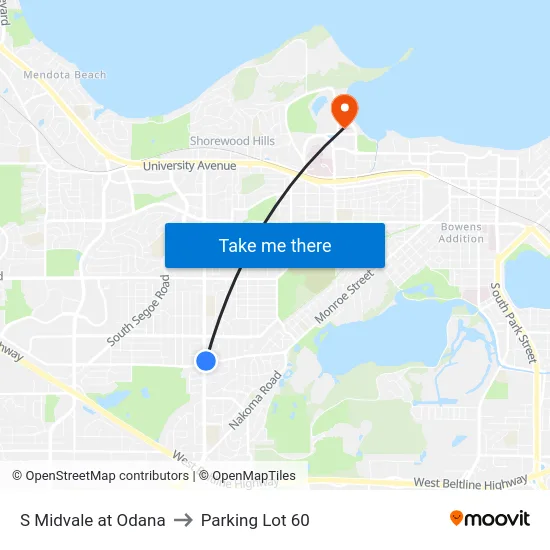 S Midvale at Odana to Parking Lot 60 map
