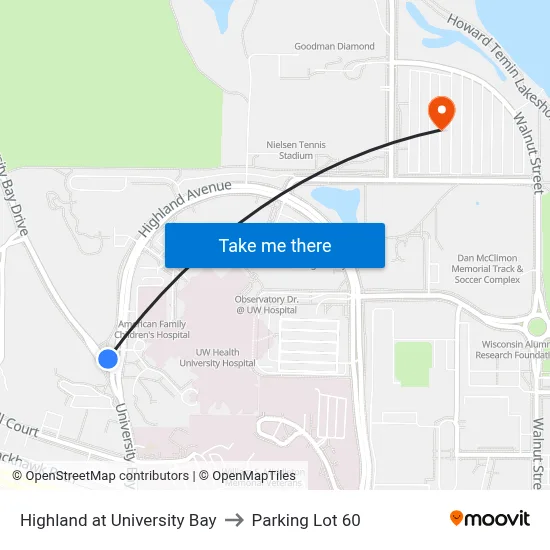 Highland at University Bay to Parking Lot 60 map