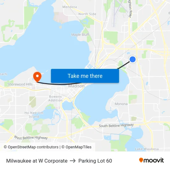 Milwaukee at W Corporate to Parking Lot 60 map