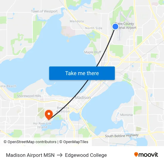 Madison Airport MSN to Edgewood College map