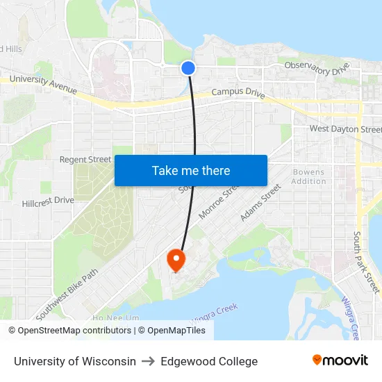 University of Wisconsin to Edgewood College map