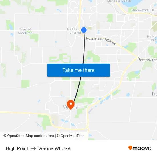 High Point to Verona WI USA map