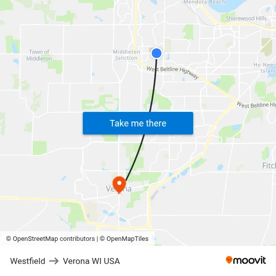 Westfield to Verona WI USA map
