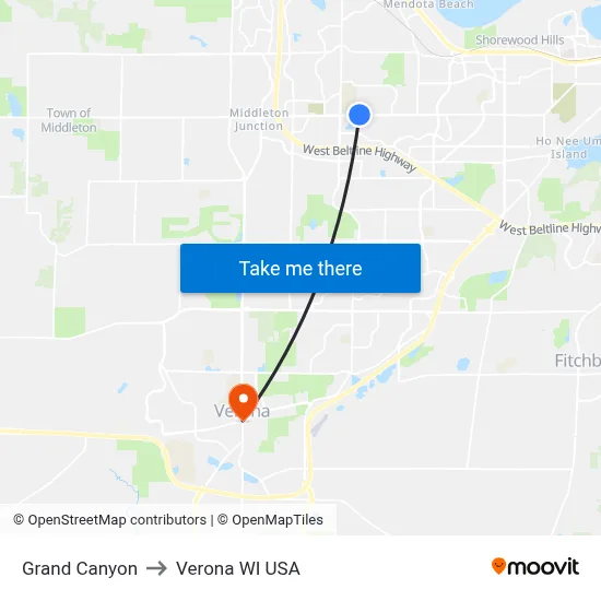 Grand Canyon to Verona WI USA map