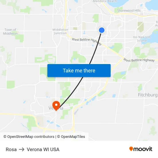 Rosa to Verona WI USA map