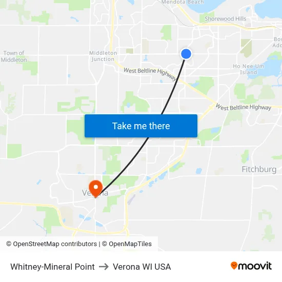 Whitney-Mineral Point to Verona WI USA map