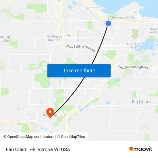 Eau Claire to Verona WI USA map