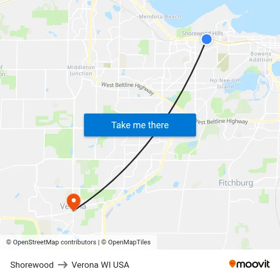 Shorewood to Verona WI USA map