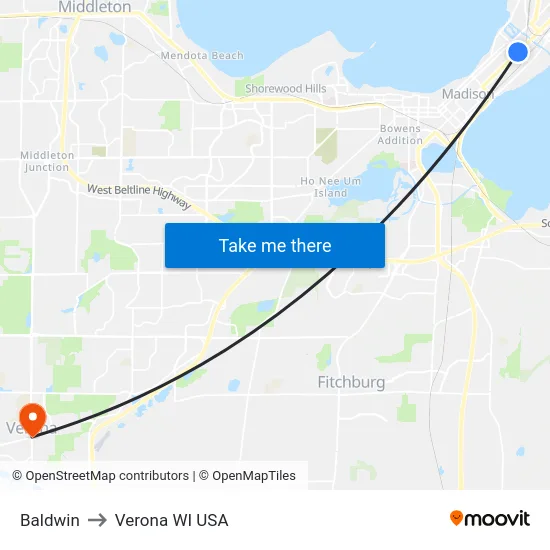 Baldwin to Verona WI USA map