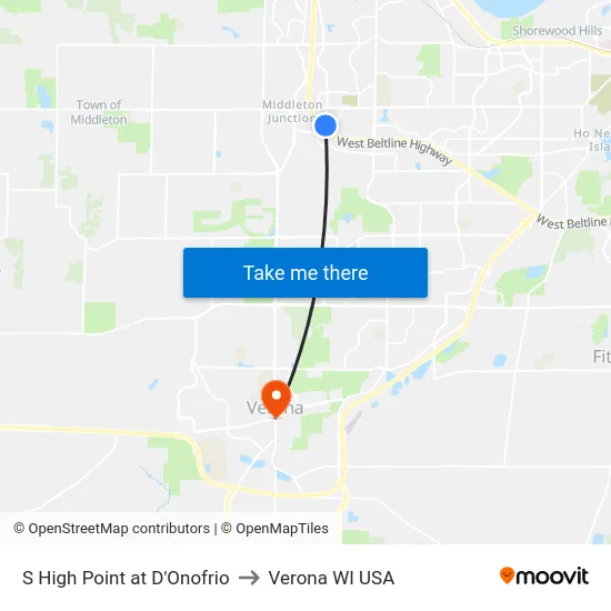 S High Point at D'Onofrio to Verona WI USA map