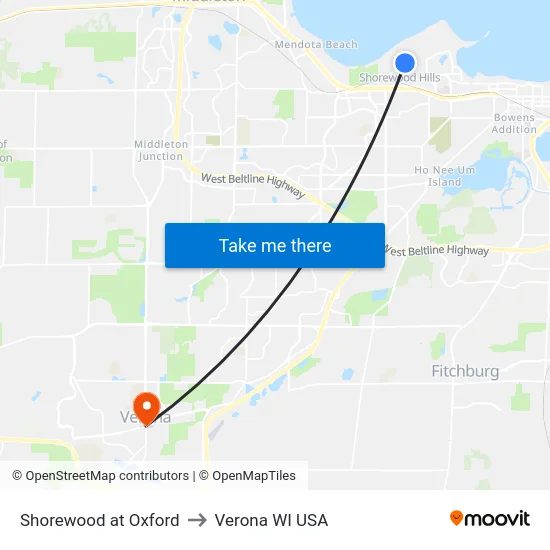 Shorewood at Oxford to Verona WI USA map