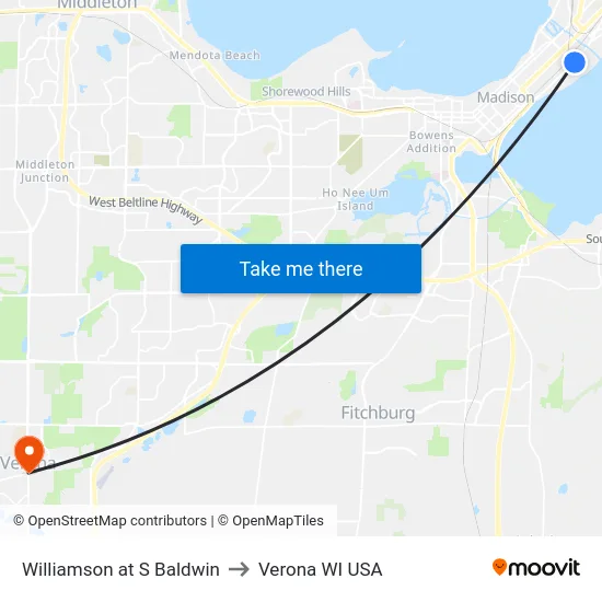 Williamson at S Baldwin to Verona WI USA map