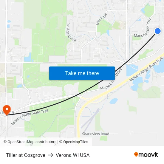 Tiller at Cosgrove to Verona WI USA map