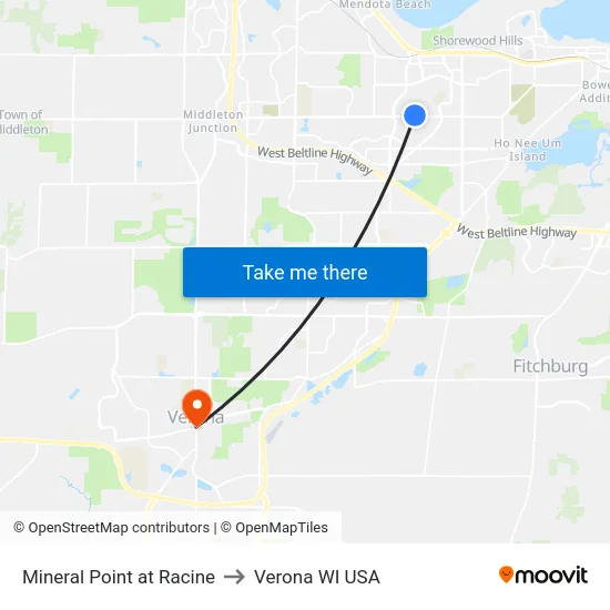 Mineral Point at Racine to Verona WI USA map