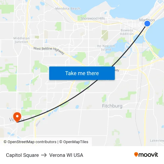 Capitol Square to Verona WI USA map