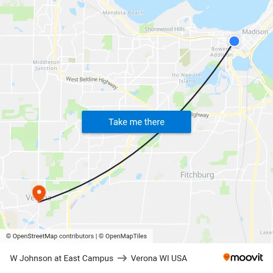 W Johnson at East Campus to Verona WI USA map