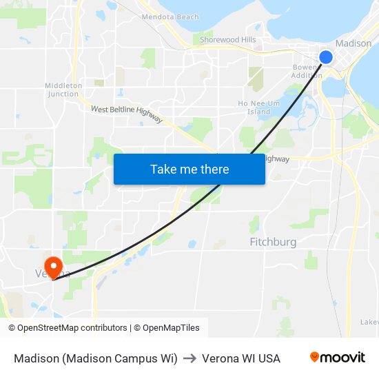 Madison (Madison Campus Wi) to Verona WI USA map